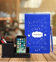 Kimya Öğretmenine Özel Deri Defter & Roller Kalem & Ahşap Mdf Kalemlik (Mavi)