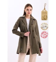 Pastelastore Esnek Pamuk Gabardin Kısa (80cm) Omuz Apoletli Kemerli Kadın Trençkot 1120 (Haki)