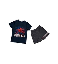 unisex Spiderman baskılı pamuklu kumaş kısa kollu şortlu ikili çocuk takımı (Siyah)