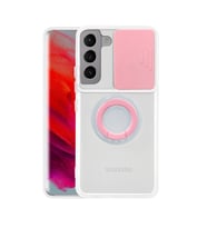 SM Galaxy S21 Plus - S30 Plus Kilif Sürgülü Kamera Lens Korumali Yüzük Standli Silikon Kilif (Pembe)