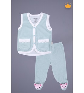 Babyhola Kadife Yelek Patikli Pantolon Unisex Bebek 2'li Set Yeşil (Beyaz)