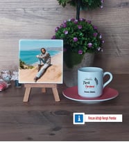 Tarih Öğretmeni Fotoğraflı Dekoratif Taş, Ahşap Altlıklı Türk Kahvesi Fincanı Hediye (Model 6)