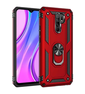 Xiaomi Redmi 9 Kılıf Yüzüklü Zırh Tank Vega (Kırmızı)