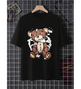 Unisex Ayı Gözü  X Baskılı Oversize Tshirt (Siyah)