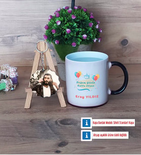 Doğum Günü Hediyesi Kupa Bardak Beyaz ve Fotoğraflı Ahşap Anahtarlık Hediye (Model 9)