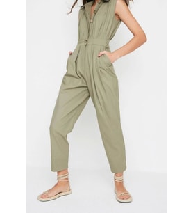 Kadın Moda Standart Kol Geniş Paça Gömlek Yaka Maxi Gömlek Yaka Kolsuz Gabardin Dokuma Tulum (Haki)