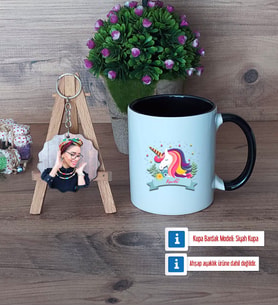 Unicorn Kupa Bardak Beyaz ve Fotoğraflı Ahşap Anahtarlık Hediye (Model 11)