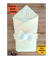 Ekru Kız Erkek Bebek Battaniyesi Kışlık %100 Pamuklu Dış Kundak Yenidoğan Hastane Çıkışı Örtü (Krem)