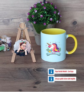 Unicorn Kupa Bardak Beyaz ve Fotoğraflı Ahşap Anahtarlık Hediye (Model 7)