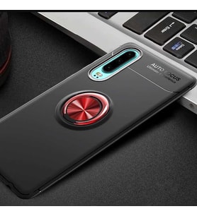 Huawei P30 Kılıf Yüzüklü Magnetli Ravel Case (Siyah-Kırmızı)
