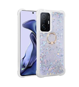 Xiaomi Mi 11T Pro 5G Kılıf Sıvılı Simli Pullu Yüzüklü Standlı Lüx Silikon (Gümüş)