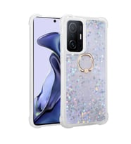 Xiaomi Mi 11T Pro 5G Kılıf Sıvılı Simli Pullu Yüzüklü Standlı Lüx Silikon (Gümüş)