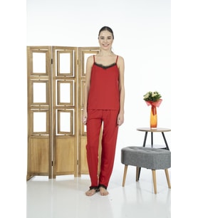 Estiva Kadın İp Askılı Likra Viskon Yazlık Pijama Takımı (Bordo)