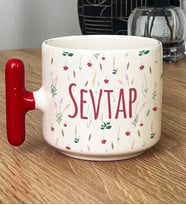 Kişiye Özel İsim Yazılı Hediye T Kupa Bardak Çiçek Desenli -6- (Kırmızı)