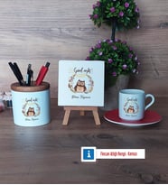 Baykuş Hediye Seti Dekoratif Taş, Kalemlik, Ahşap Altlıklı Türk Kahvesi Fincanı Hediye (Model 3)