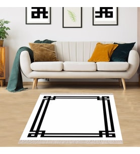 Geometrik Desenli Dijital Baskı Yıkanabilir Kaymaz Taban Düz Model Salon Halısı ve Yolluk  (Beyaz)