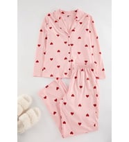 Tarz Rahat Büyük Beden Uzun Kollu Geniş Paça Kalpli Örme Pijama Takımı (Pembe)
