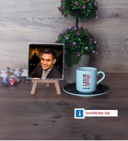 Dayıya Hediye Fotoğraflı Dekoratif Taş, Ahşap Altlıklı Türk Kahvesi Fincanı Hediye (Model 7)
