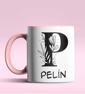 Kişiye Özel P Harfi Romantik Tasarım Siyah Renk Kupa (Pembe)
