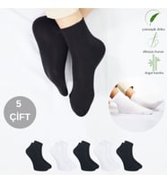 Erkek Bambu Patik Düz Desen (5 Çift) Dikişsiz Çorap (Siyah - Beyaz)