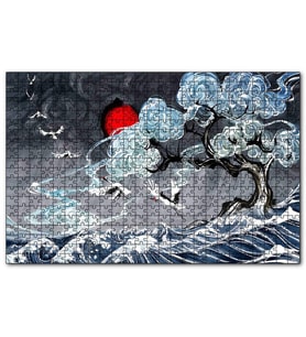 Cakapuzzle Leylekler Dalgalı Deniz Ağaç ve Güneş Yağlıboya  Puzzle Yapboz MDF (Ahşap) (500 Parça)