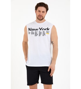 Erkek Bisiklet Yaka Regular Fit New York Baskılı Tişort SPR22TS125 (Beyaz)