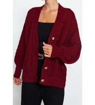 Kadın Modern Tarz Oversize V Yaka Regular Triko Hırka (Bordo)
