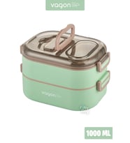 Vagonlife 1000 ML İki Kat Üç Bölme Paslanmaz Çelik Bento Lunch Box Yeni Nesil Sefer Tası-Sos Kaseli Model-FFLBOX7081 (Yeşil)