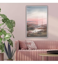 Metal Çerçeveli Temperli Cam Tablo Soft Pembe Göl Manzarası (Gümüş)