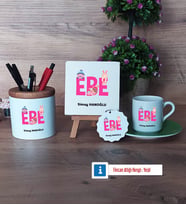 Ebe Hediye Seti Dekoratif Taş, Kalemlik, Ahşap Altlıklı Türk Kahvesi Fincanı, Ahşap Anahtarlık Hediye (Model 9)