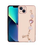 Apple iPhone 13 Kılıf El Askılı Tutamaçlı Kamera Korumalı Renkli Gold Kenar Silikon Kapak (Pembe)