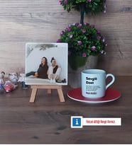 Arkadaşa Hediye Fotoğraflı Dekoratif Taş, Ahşap Altlıklı Türk Kahvesi Fincanı Hediye (Model 3)