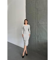 Yırtmaçlı Siyah Beyaz Çizgili Midi Elbise (Çizgili Siyah)
