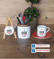 Göz Doktoru Hediye Sepeti Kalemlik, Türk Kahvesi Fincanı Kırmızı, Ahşap Anahtarlık Hediye (Model 6)