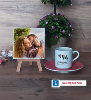 Eşe Hediye Mrs Fotoğraflı Dekoratif Taş, Ahşap Altlıklı Türk Kahvesi Fincanı Hediye Yıl Dönümü Hediyesi (Model 6)