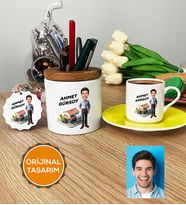 Kişiye Özel Karikatürlü Emlakçı Hediye Seti Türk Kahvesi Fincanı, Kalemlik, Anahtarlık Emlakçı Hediyeleri (Sarı)