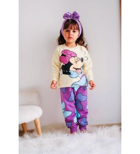 Minnie Mouse Çizgi Karakterli Antresit Kız Çocuk Eşofman Pijama Alt Üst Takımı (Bej)