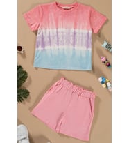 Batik Yıkamalı Pembe Tshirt Şort Takım (Mavi)