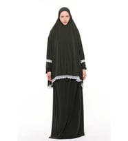 Kadın İki Parça Likra Sandy Kumaş Dantelli Kollu Namaz Elbisesi (Haki)