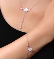 Papatya Silver 925 Ayar Gümüş Kardelen Çiçeği Kolye Bileklik Set (Rose)