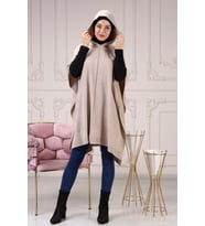 Kadın Yandan Bağcıklı Kapüşonlu Panço 4304 (Taş)