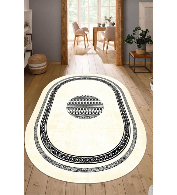 Dijital Baskılı Kaymaz Taban Yıkanabilir Oval Salon Halısı Mutfak Halısı Yolluk NDO-SD-1081 (Krem)
