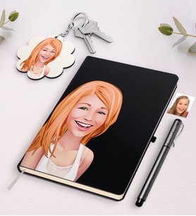 BK Gift Kişiye Özel Bayan Karikatürlü Beyaz Defter Kalem Ve Anahtarlık Hediye Seti-37 (Model 2)