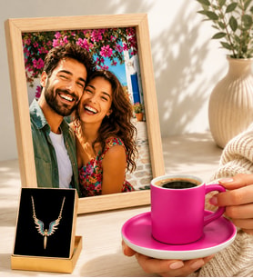 Kişiye Özel Fotoğraflı Hediye Seti Pembe Kahve Fincanı ve Mikail Meleği Kolyeli