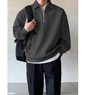 GENIUS STORE Erkek Polo Yaka Oversize Sweatshirt Yarım Fermuar Sweatshirt OVERSIZE-SWEATSHIRT (Füme)