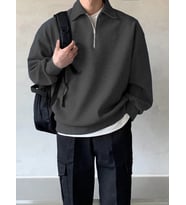 GENIUS STORE Erkek Polo Yaka Oversize Sweatshirt Yarım Fermuar Sweatshirt OVERSIZE-SWEATSHIRT (Füme)