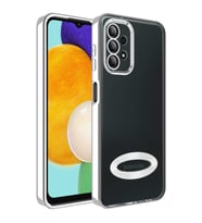 Samsung Galaxy A13 4G Kılıf Case, Logo Showing Serisi, Şeffaf, Kamera Korumalı, Logo Gösteren Renkli Çizgi Tasarım (Gümüş)
