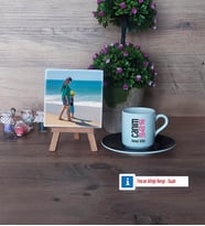 Yengeye Hediye Fotoğraflı Dekoratif Taş, Ahşap Altlıklı Türk Kahvesi Fincanı Hediye (Model 7)