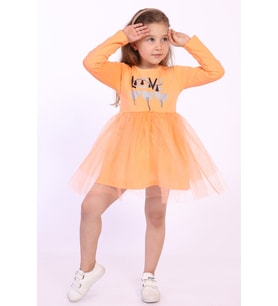 Toontoy Kız Çocuk Love Kalp Baskılı Elbise (Somon)