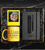 Babalar Gününe Özel Tasarım Renkli Kupa & Kişiye Özel Defter & Kişiye Özel Touch Pen Kalem & Kişiye Özel Fotoğraf Çerçevesi Hediye Seti (Sarı)